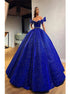 Ball Gown Blue Off the Shoulder Sparkly Sequins Pleats Prom Dresses LBQ1833